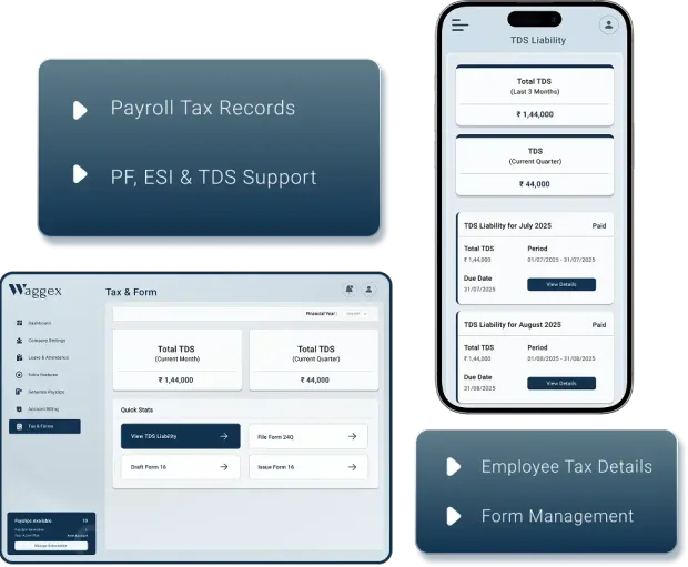 Waggex compliance management software dashboard showing PF ESI TDS payroll compliance statutory records and employee forms for Indian businesses